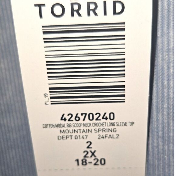 TORRID Plus Size Cotton Modal Blue Ribbed Scoop Neck Crochet Long Sleeve Top 2X - Picture 10 of 16